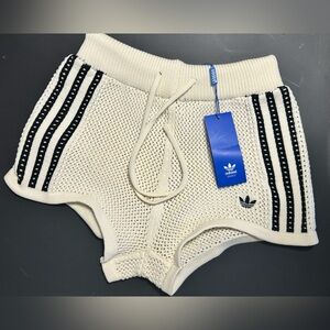Adidas Women's Cream Knit Shorts with Black Stripes
